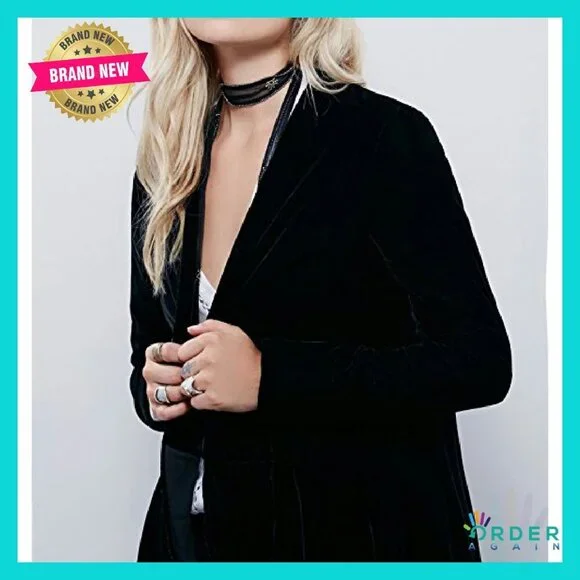 Velvet Blazer Coat Asymmetric Ruffled Long Sleeve Elegant Chic Cardigan Jacket - Picture 4 of 8